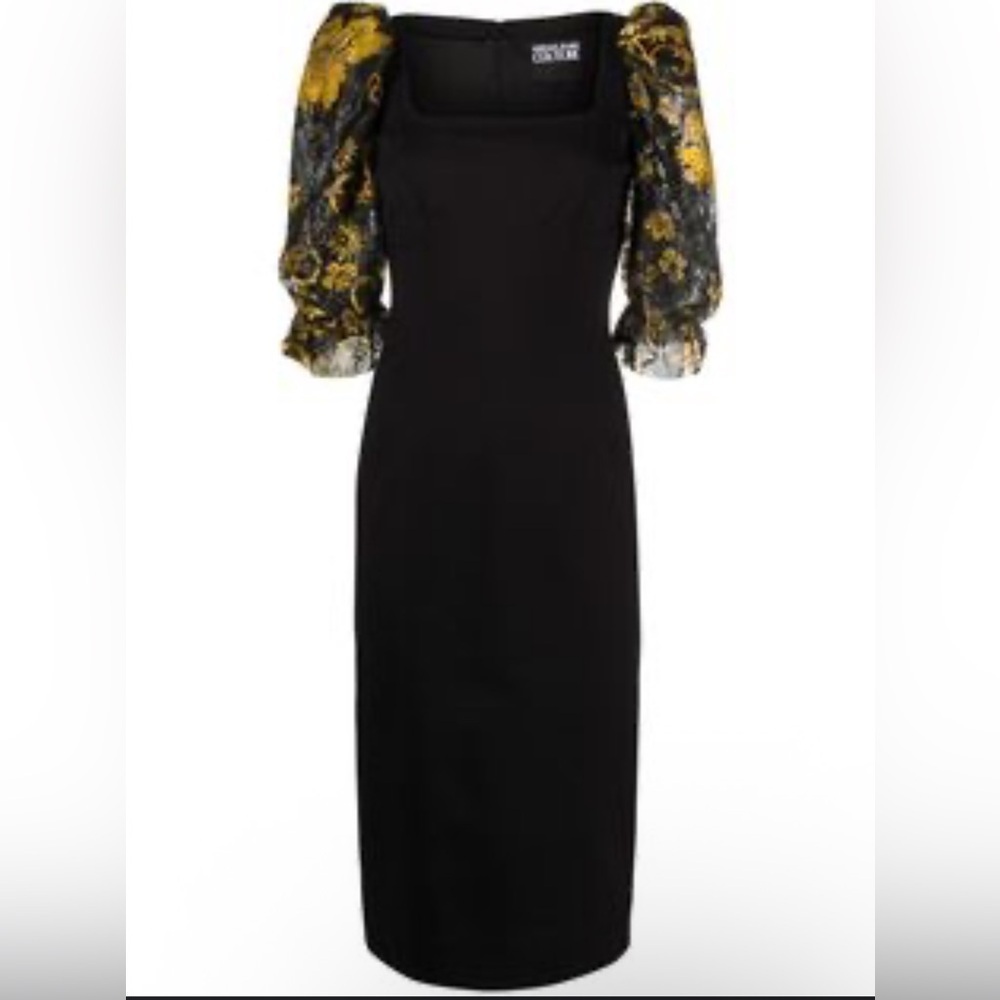 Versace Jeans Couture Midi Dress Women’s 4 Black Gold Puff Sleeves Bodycon Luxe